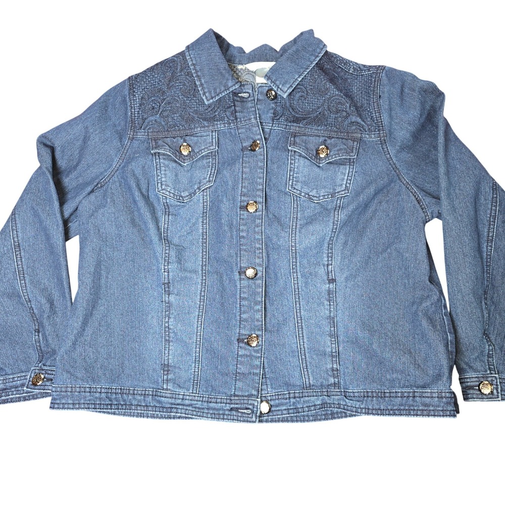CJ Banks Light Blue Denim Jacket with Embroidered Yoke